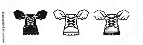 Tying Shoelaces Icon Set - Hands Fastening Boots, Representing Preparation, Outdoor Activities, and Footwear