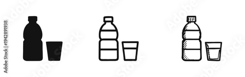 Water Bottle and Glass Icon Set - Hydration Symbols in Stylized, Outline, and Hand-Drawn Styles for Health