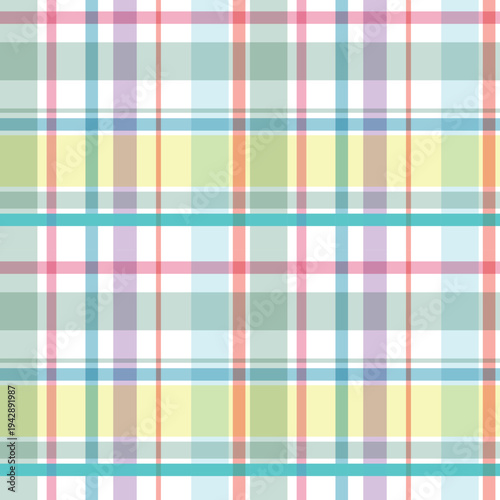 Seamless pattern of pastel plaid with red blue yellow green purple stripes, vibrant geometric textile design