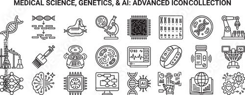 Advanced Medical Science, Genetics, and AI Outline Icon Set, Set of Advanced Medical Science Genetics and AI Outline Icons Vector Illustration, Minimalist Neural Network DNA and Lab Equipment