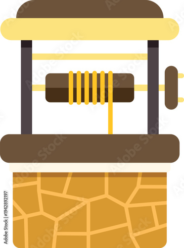 Flat icon illustration of a stone and wood water well with rope and crank
