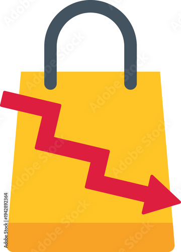 Shopping bag with a red arrow indicating decreasing retail sales and an economic downturn