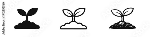 Plant seedling in soil icon set. Growth, nature, and environment vector illustration in varied artistic styles.