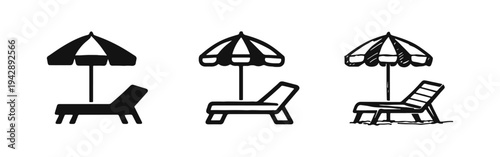 Beach chair and umbrella icon set. Summer vacation and relaxation vector illustration in solid, outline, and hand-drawn styles.