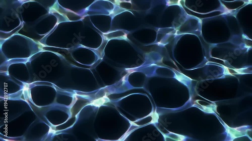 Abstract organic cellular structure with luminous bio-luminescent highlights on a dark background