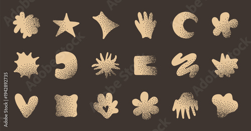 Abstract organic doodle shapes set with grainy texture. Minimalist hand drawn blob elements in contemporary vector style for modern graphic design.