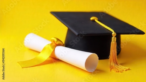 Wallpaper Mural A Graduation Cap and Diploma Resting on a Vibrant Yellow Background, Symbolizing Academic Achievement and the Celebration of Educational Milestones Torontodigital.ca