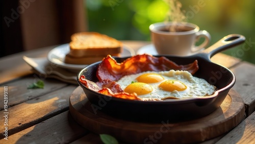 Wallpaper Mural A delightful morning breakfast featuring crispy bacon and sunny-side-up eggs cooked in a cast iron skillet, accompanied by toasted bread and a warm beverage. Torontodigital.ca