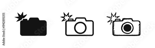 Photo Camera with Flash Icons Set - Photography and Instant Capture Symbols in Diverse Styles