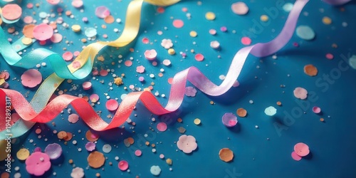 Wallpaper Mural Brightly colored ribbons and confetti strewn across a vibrant blue background, celebrating a festive occasion with whimsical charm and delightful elegance. Torontodigital.ca