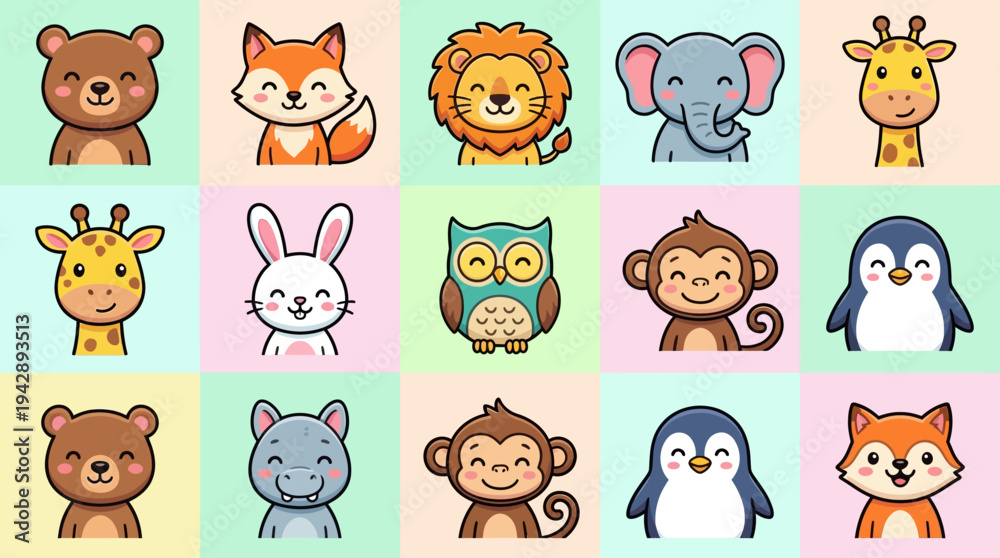 Fototapeta premium Charming Vector Cartoon Animal Faces Collection for Kids Designs, Adorable Wildlife Character Avatars and Digital Stickers Bundle