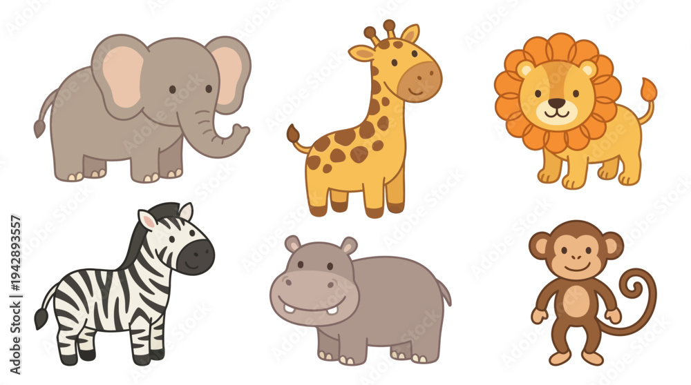 Obraz premium Adorable cartoon safari animals vector bundle featuring a charming collection of elephant, giraffe, lion, zebra, hippo, and monkey illustrations