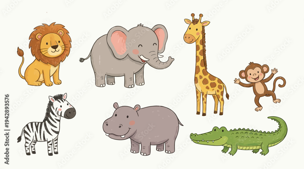 Obraz premium Cute Cartoon Safari Animals Collection Perfect for Children's Books and Educational Content