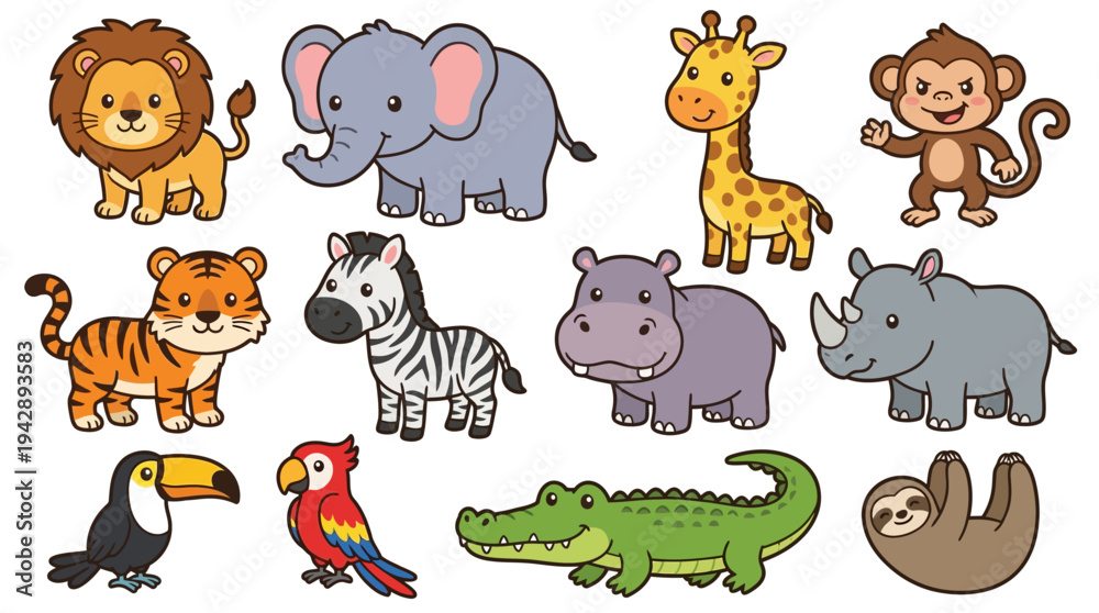 Obraz premium Cartoon jungle animal characters vector set featuring lions, elephants, giraffes, monkeys, tigers, zebras, hippos, rhinos, toucans, parrots, crocodiles, and sloths