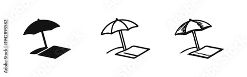 Beach Umbrella and Towel Icons Set - Summer Holiday and Vacation Relaxation Symbols