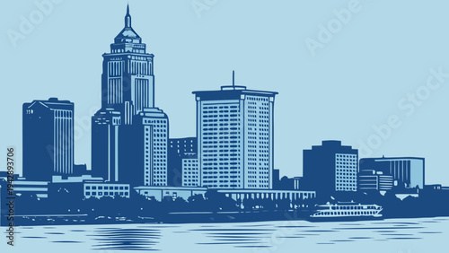 Urban Skyline Silhouette Over Water Detailed Architectural Landmark Structures Downtown Scene Monochromatic Blue Rendering new orleans skyline
