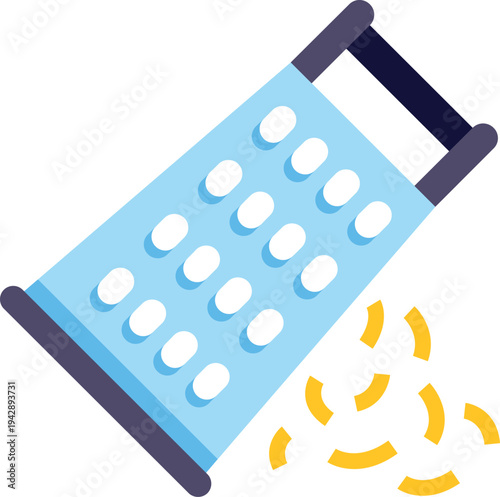 Grater processing cheese into small pieces, an essential kitchen utensil