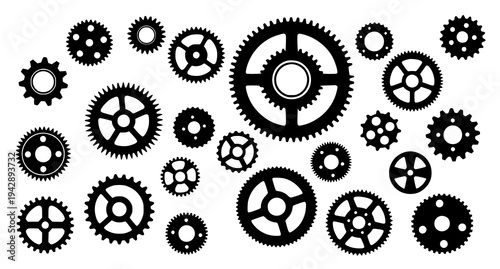 Assorted black gear and cog wheel silhouettes vector collection for machinery and engineering design