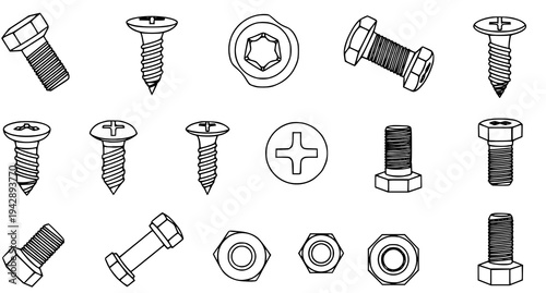 Black and white vector set of nuts bolts screws and washers mechanical hardware collection