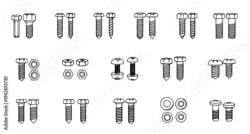 Screw bolt outline vector icon pack with nuts washers and hardware fastener symbols