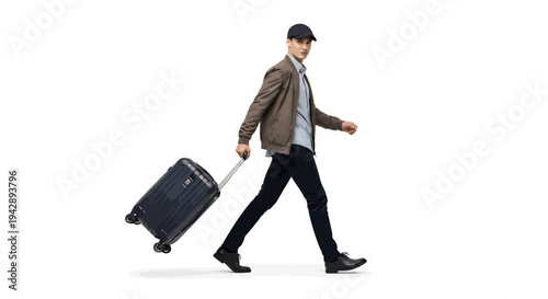 Confident young man walking with suitcase in modern outfit
