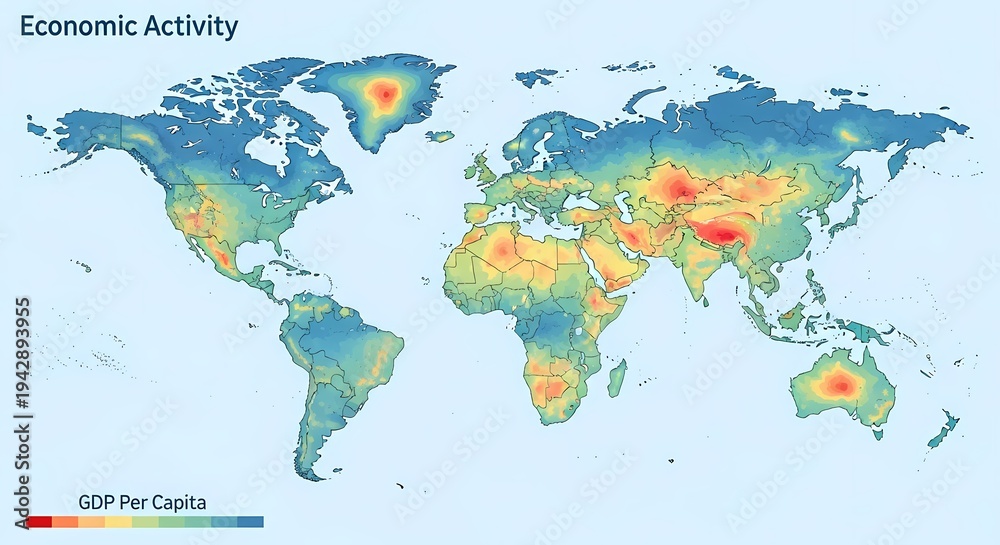 Fototapeta A world map visualizing economic activity, represented by GDP per capita, with a color gradient indicating varying levels of economic output across different regions.