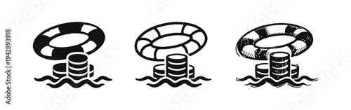 Financial Rescue and Support Icons. Money and Lifebuoy Protection Symbols in Solid, Outline, and Hand-drawn Styles.