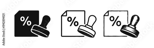 Discount Rate and Approval Document Icons. Percentage Stamp and Financial Offer Symbols in Solid, Outline, and Hand-drawn Styles.