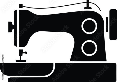 Vintage sewing machine icon flat vector silhouette isolated on white background for tailor shop and textile garment manufacturing concept.