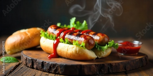 Wallpaper Mural A Delicious Grilled Sausage Hot Dog with Steaming Ketchup and Fresh Lettuce on a Rustic Wooden Board Torontodigital.ca