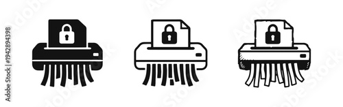 Data Security and Document Shredding Icons. Confidential Information Destruction Symbols in Solid, Outline, and Hand-drawn Styles.