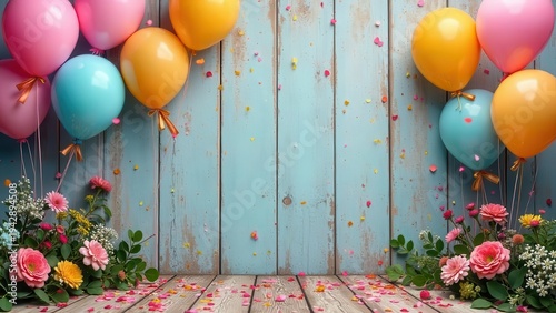 Wallpaper Mural Pastel Balloons and Blossoms Celebrate a Joyful Occasion Against a Weathered Wooden Backdrop Torontodigital.ca