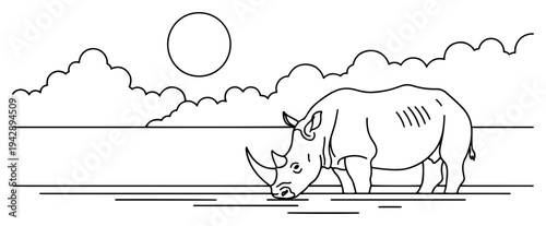 Rhino drinking water at lake landscape line art vector, rhinoceros wildlife safari isolated on white