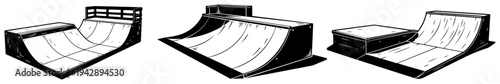 Skate park ramp set vector illustration, skateboard quarter pipe and halfpipe elements extreme sport icons