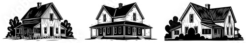 Old farmhouse vector set vintage wooden cottage architecture, rustic country home exterior sketch isolated