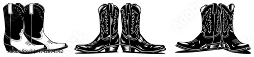 Cowboy boots vector set western leather footwear with stitching, texas style fashion boots isolated