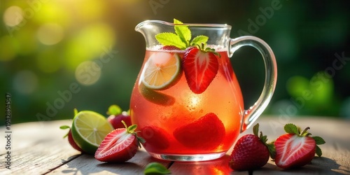 Wallpaper Mural Refreshing Strawberry Lime Pitcher Drink on Wooden Table in Sunlight Torontodigital.ca