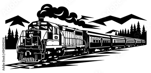 Vintage steam train locomotive in mountain landscape vector, retro railway transport smoke and pine trees