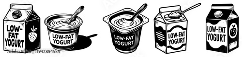 Low-fat yogurt vector set dairy products packaging with fruit, healthy breakfast snack containers illustration
