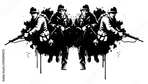 Military soldiers with rifles symmetrical vector set, infantry troops combat mission soldier silhouettes