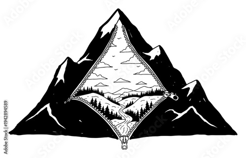 Mountain landscape inside zipper concept vector, creative nature peak and forest surreal metaphor illustration