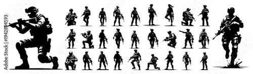 Military soldier silhouettes set, army infantry troops in various combat poses, tactical forces vector