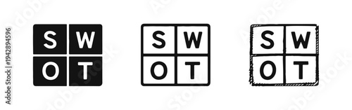 SWOT analysis icon set. Business strategy matrix with strengths, weaknesses, opportunities, and threats.