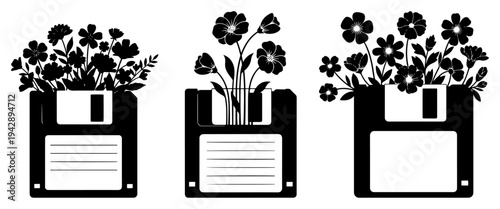 Floppy disk with flowers growing vector set, retro technology and nature growth concept diskette illustration