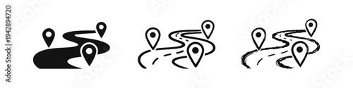 Winding road with map pins icon set. Navigation, journey, route, travel, and location concept.