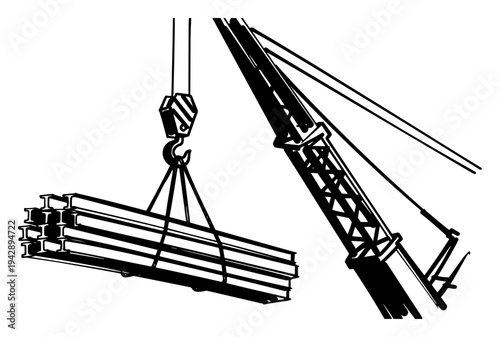 Industrial construction crane lifting steel beams vector, heavy machinery and engineering equipment illustration
