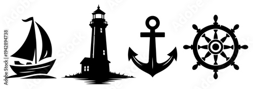 Nautical marine icons set with sailboat lighthouse anchor, ship steering wheel maritime vector