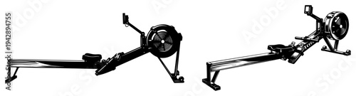 Rowing machine ergometer vector set for gym workout, cardio fitness equipment exercise illustration
