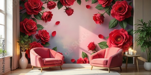 Wallpaper Mural Romantic Interior Design Featuring a Vibrant Floral Mural of Large Red Roses and Lush Green Foliage, Accented by Coral Armchairs and Candles Torontodigital.ca