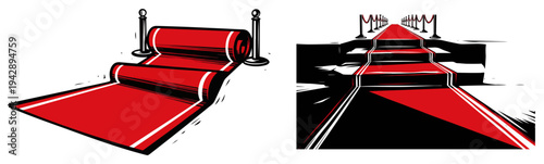 Red carpet with stanchions and rope vector, luxury event gala and celebrity award ceremony concept